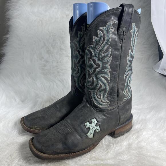 Tony Lama Black Western Cowgirl SquareToe Boots Cross Inlay Womens Size 9B
